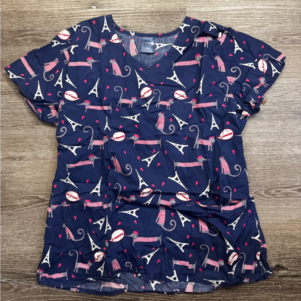 Navy Blue and Pink Scrub Top size M